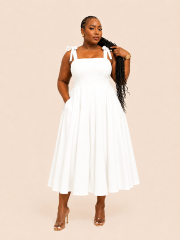Arielle Smocked Bow Strap Dress - White