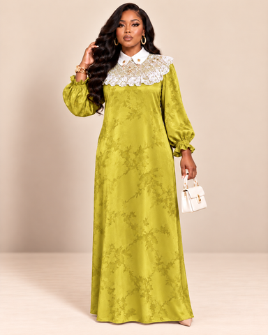 Dorothea Lace-Collar Satin Jacquard Maxi Dress