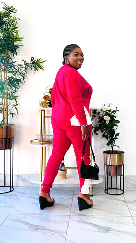 ANDREA ALPHABET RHINESTONE 2 PIECE SWEATER PANT SET (Fushia Pink)