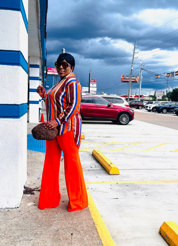 JANICE SILK MULTICOLOR STRIPE SHIRT TOP (Orange )