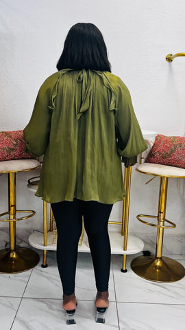 Verona Ruffle Detail Statement Blouse - Olive Green