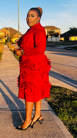 REVNA TEXTURED 3D PETAL MIDI DRESS (Red)