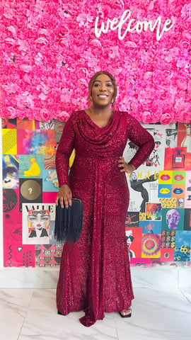 SCARLETT SEQUINED FRONT DRAPE LONG SLEEVE OCCASION MAXI DRESS (Wine)