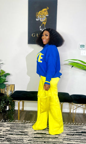 Brave Oversized Collared Long Sleeve Sweater Top ( Royal Blue/Neon Yellow)