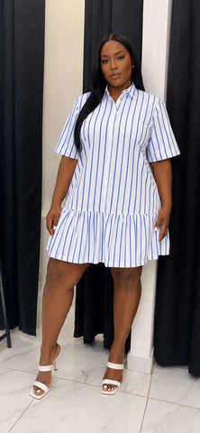 KEATON BLUE PINSTRIPE DROP WAIST SHIRT MINI DRES