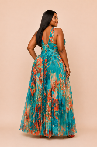 Oceana Pleated Halter Garden Maxi Dress – Teal Multi