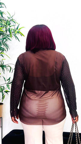 Brown Midnight Dotted Illusion Sheer Mesh Button-Up Shirt Top