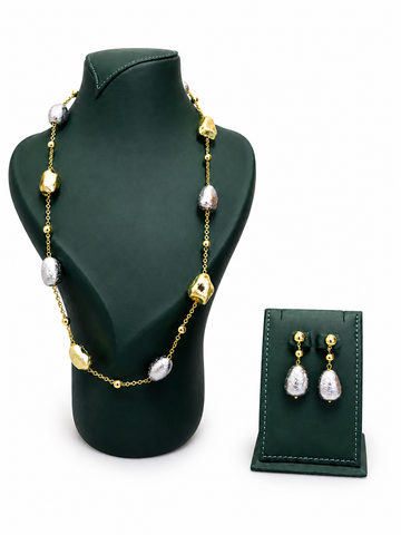 VELYNTA 18K Gold Plated Dual Structure Long Necklace & Drop Earrings Set