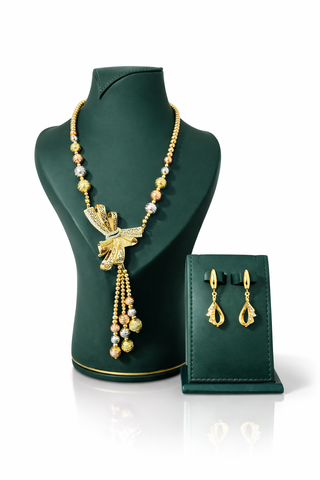 NINA BOW 3- TONE DIAMOND CUT NECKLACE & EARRING SET (Gold)