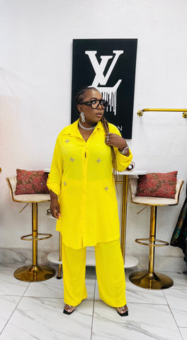 Citrine Élan Embellished Shirt Dress / Pant Set - Yellow