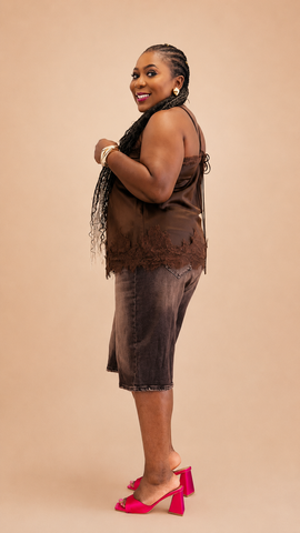 Mariselle Lace Trim Satin Halter Top - Coffee Brown