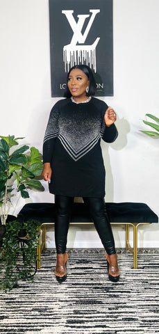 Icy Warmth Silver V Tunic Sweater Top (Black)