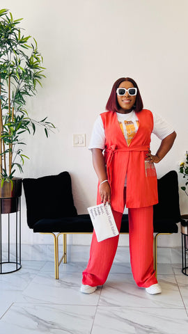 CACEE 2 PIECE PIN STRIPE EMBELLISHED SLEEVELESS JACKET AND PANT SUIT