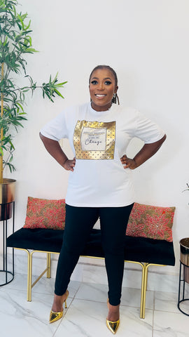 POSITIVE THOUGHTS GOLD FOIL GRAPHIC PRINT T-SHIRT TOP (white)