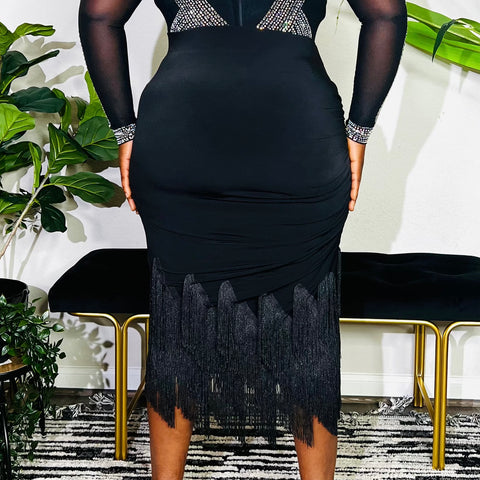 ABSOLUTELY UNIQUE FRINGE DETAIL MIDI SKIRT (Black)
