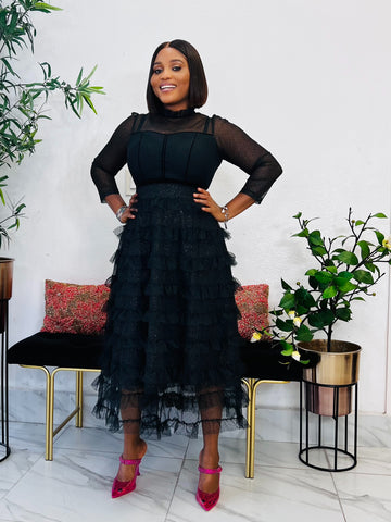 KATHY TULLE TIERED FITTED SKATER DRESS (Black)