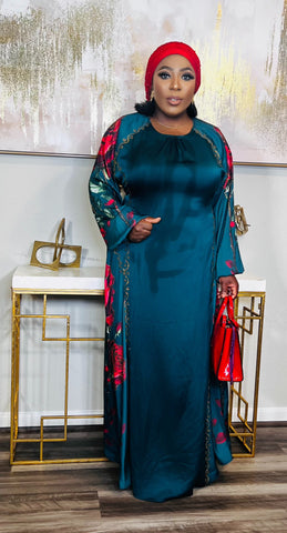 Emerald Floral Rhinestone Silk Maxi Dress