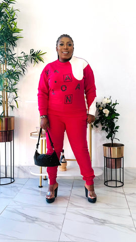 ANDREA ALPHABET RHINESTONE 2 PIECE SWEATER PANT SET (Fushia Pink)