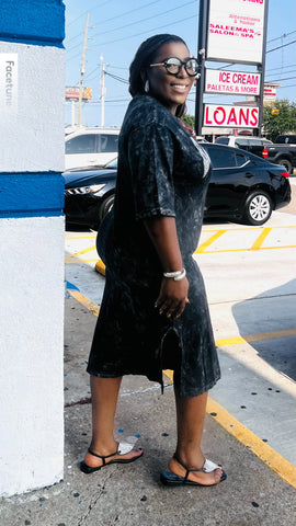 GREY-WASH EMBELLISHED SHIFT MIDI DRESS