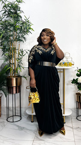 LAVINIA EXCLUSIVE GOLD EMBELLISHED VELVET KAFTAN DRESS (Black) – styletittudeapparelusa