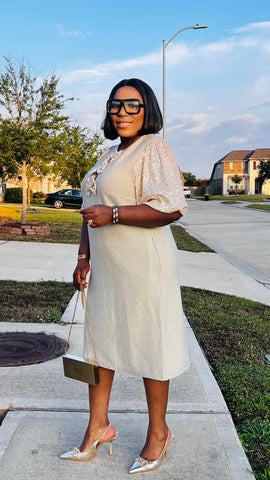 GISELLE PEEKABOO LUXE BOW SHIFT DRESS (Champagne Gold)