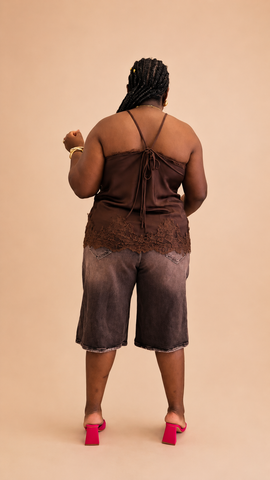 Mariselle Lace Trim Satin Halter Top - Coffee Brown