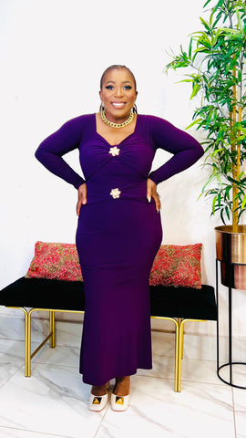 ARIANA MERMAID GOLD BOLD BUTTON MIDI DRESS ( Purple)