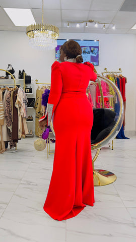 PAOLA EMBELLISHED GLAM FRONT SLIT OCCASION PARTY DRESS (Red)