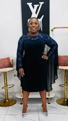 The NOIRÉLLE Embellished Cape Sleeve Elegance Dress - Navy