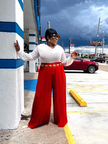 QUINNTY BELTED PLEATED WIDE LEG PANTS (Red)