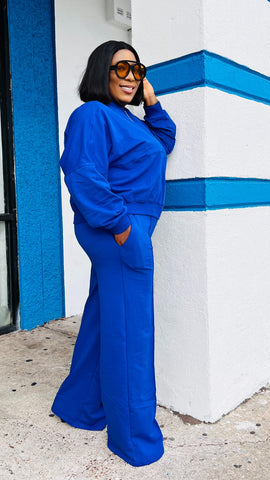 Keep It Classy Zip Up Wide Leg Pants Set (Royal Blue)