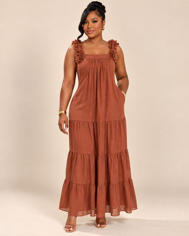 Brenaya Rust Ruffle Maxi Dress
