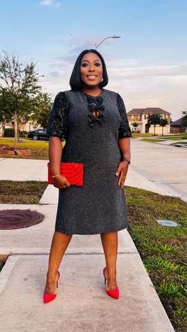 GISELLE PEEKABOO LUXE BOW SHIFT DRESS(Grey)