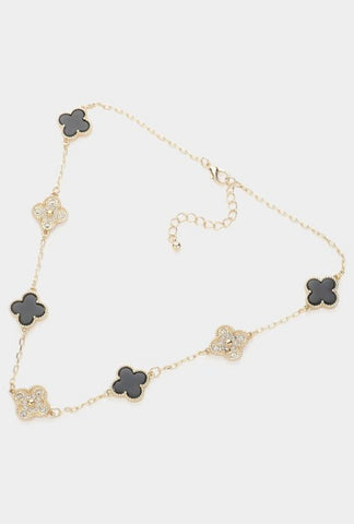 NICOLE RHINESTONE 5 BLACK CLOVER NECKLACE