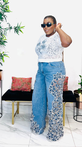 TUNIP SIDE FLORAL LACE JEANS PANT