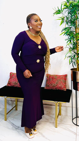 ARIANA MERMAID GOLD BOLD BUTTON MIDI DRESS ( Purple)