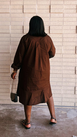 Drovani Brooch Accent Relaxed Shirt Dress (Coffee)