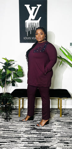 CHIC STATUS EMBROIDERED TUNIC AND PANT SET