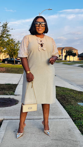 GISELLE PEEKABOO LUXE BOW SHIFT DRESS (Champagne Gold)