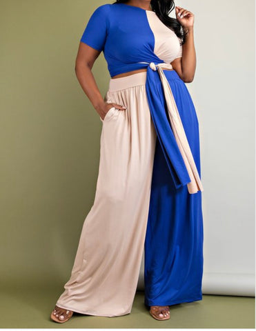 SHEILA HALF AND HALF CROP TOP WIDE LEG PANT SET (Blue)