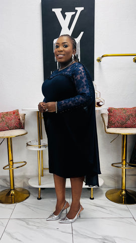 The NOIRÉLLE Embellished Cape Sleeve Elegance Dress - Navy