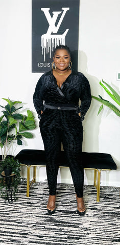 VELVET HOUNDSTOOTH BODYSUIT AND PANT SET (Black)