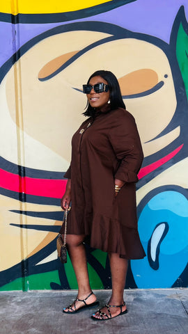 Drovani Brooch Accent Relaxed Shirt Dress (Coffee)