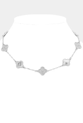 MURIEL 5 CLOVER STONED NECKLACE SILVER