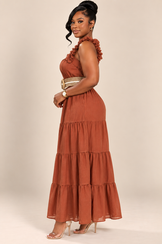 Brenaya Rust Ruffle Maxi Dress