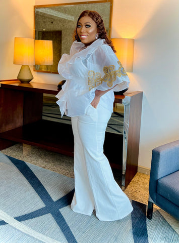 CRYSTAL GOLD PATCH DRAPE LUXURY ORGANZA TOP (White)