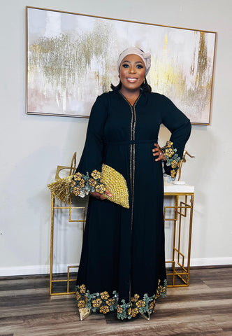 Blooming Floral Patch Lace Kaftan Maxi Dress (Gold)