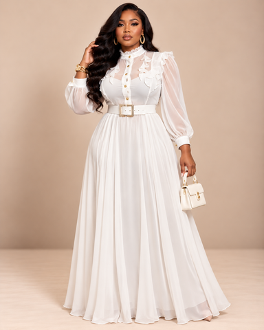 Genevieve Regal Ruffle Chiffon Maxi Dress – white