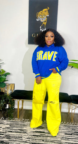 Brave Oversized Collared Long Sleeve Sweater Top ( Royal Blue/Neon Yellow)