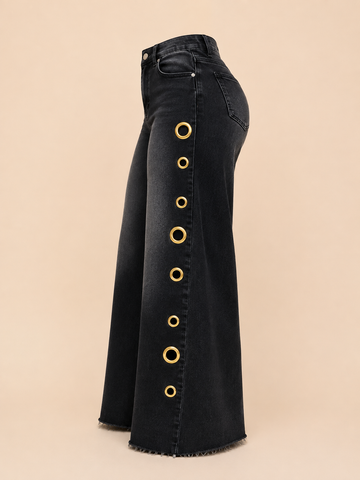 Survette Grommet Asymmetric Wide-Leg Jeans – Black